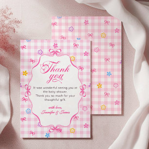 Roze Gingham Bloemenslint Baby Shower Bedankkaart