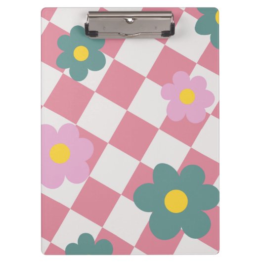 Roze Gingham Bloemmotief – Retro Cute Bloem  Klembord (Voorkant)