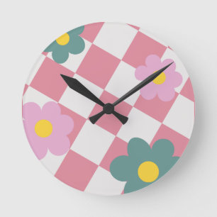 Roze Gingham Bloemmotief – Retro Cute Bloem  Ronde Klok