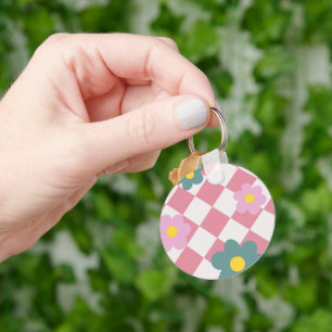 Roze Gingham Bloemmotief – Retro Cute Bloem Sleutelhanger