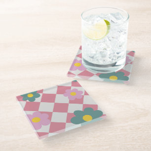 Roze Gingham Bloemmotief – Retro Mooie Bloem Glazen Onderzetter