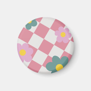Roze Gingham Bloemmotief – Retro Mooie Bloem Magneet
