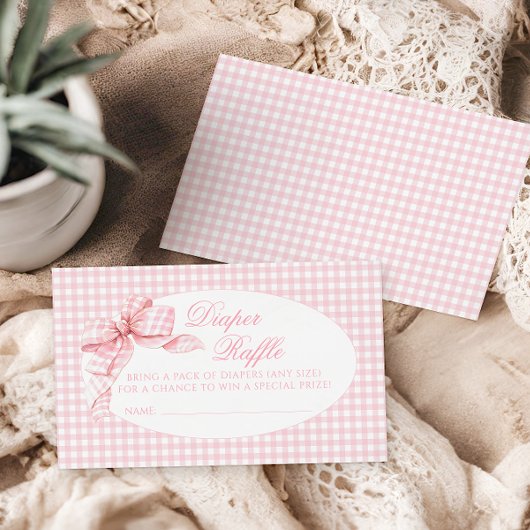Roze Gingham Bow Baby Meisje Douche Luier Raffle Informatiekaartje