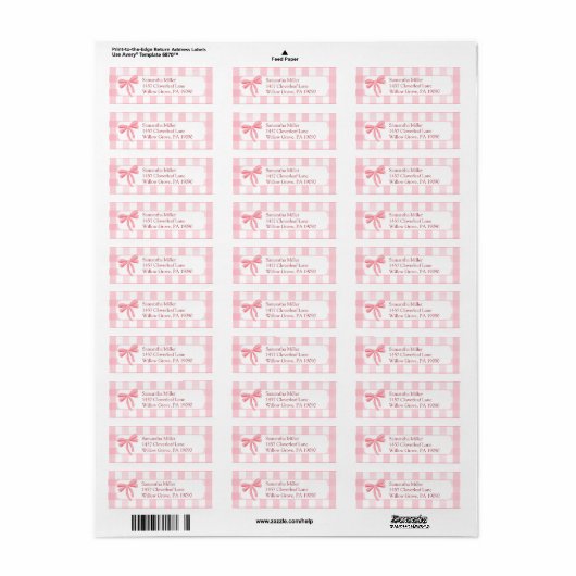 Roze Gingham Bow retour adres label (Full Sheet)