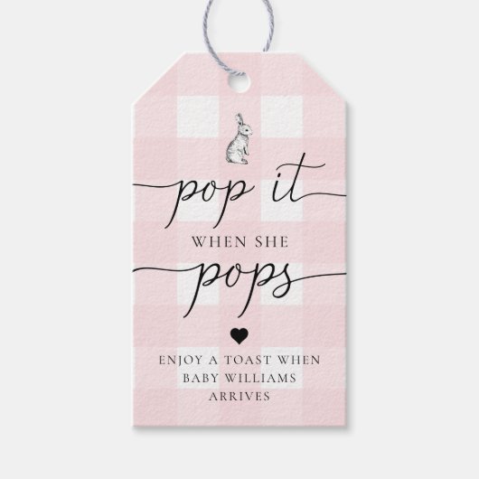Roze Gingham Bunny Rabbit Pop het als ze Pop Cadeaulabel (Voorkant)