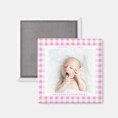 Roze Gingham Check Baby Birthdate Magnet Magneet (Voorkant / Achterkant)
