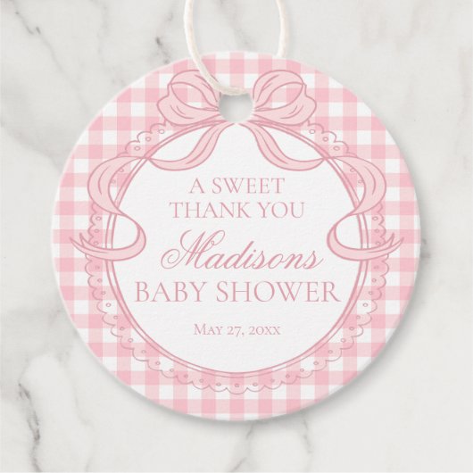 Roze Gingham Coquette Strik Babyshower Cirkel Bedankjes Labels (Voorkant)