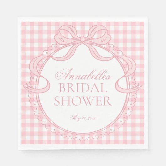 Roze Gingham Coquette Strik Bruidsdouche Dessert Servet (Voorkant)
