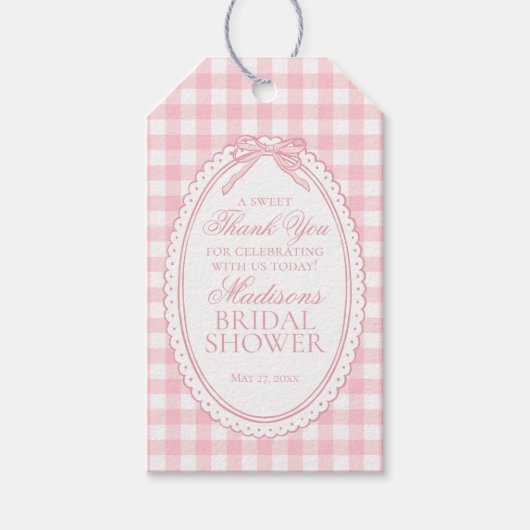 Roze Gingham Coquette Strik Bruidsdouche Favoren Cadeaulabel (Voorkant)