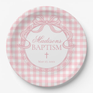Roze Gingham Coquette Strik Doopfeestje Papieren Bordje
