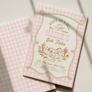 Roze Gingham Cowgirl Verjaardagsuitnodiging Kaart