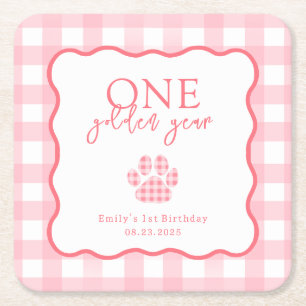 Roze Gingham Eén Gouden Jaar Meisjes Eerste Verjaa Vierkante Kartonnen Onderzetter