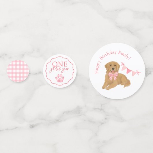 Roze Gingham Een gouden jaar Puppy Verjaardagstafe Confetti (Voorkanten)