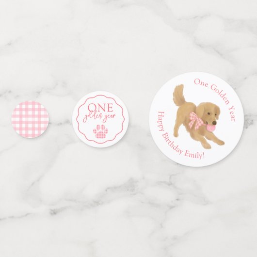 Roze Gingham Een gouden jaar Puppy Verjaardagstafe Confetti (Achterkanten)