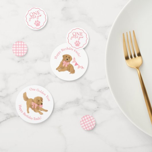 Roze Gingham Een gouden jaar Puppy Verjaardagstafe Confetti (Groep)