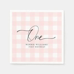 Roze Gingham Eerste Verjaardag Papieren Servet
