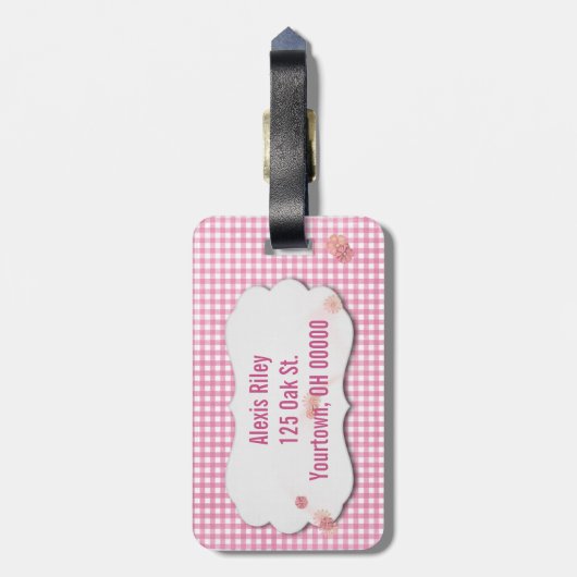 roze gingham en bloem met schuine label bagagelabel (Achterkant verticaal)