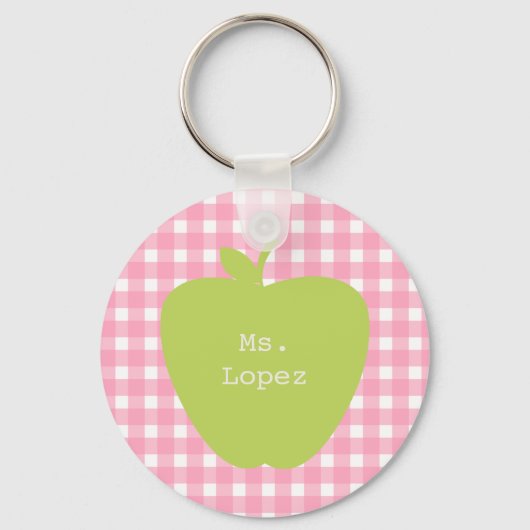 Roze Gingham en Groene Apple-leraar Sleutelhanger (Voorkant)