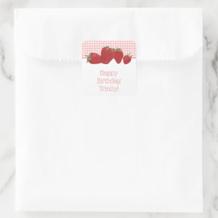 Roze Gingham en rode aardbeien Vierkante Sticker
