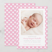 Roze Gingham Enkelvoudige Fotoaankondiging Kaart (Voorkant / Achterkant)