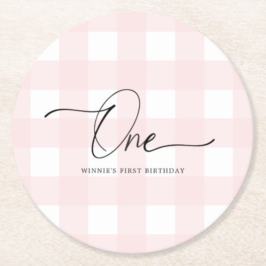 Roze Gingham First Birthday Drink Onderzetter (Voorkant)