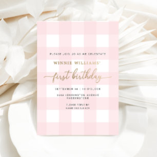 Roze Gingham First Birthday Gold Foil Invitation Folie Uitnodiging