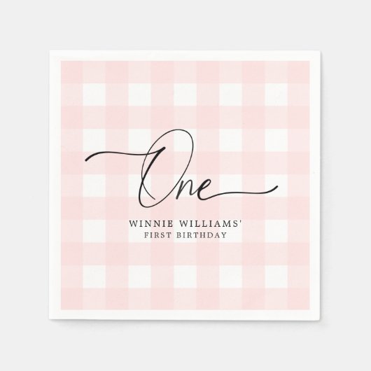 Roze Gingham First Birthday Paper Napkin Servet (Voorkant)