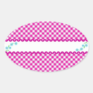 Roze Gingham & Flowers Background Oval Sticker