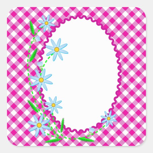 Roze Gingham & Flowers Background Square Sticker (Voorkant)