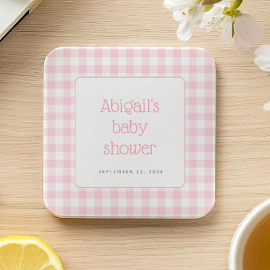 Roze Gingham Geruite Landelijke Meisjes Baby Showe Vierkante Kartonnen Onderzetter