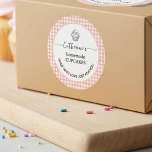 Roze gingham geruite zelfgemaakte cupcake label