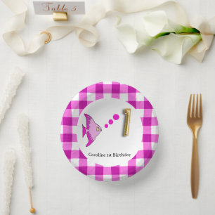 Roze Gingham Goud Folie Ballon Vis 1e Verjaardag Papieren Kommen