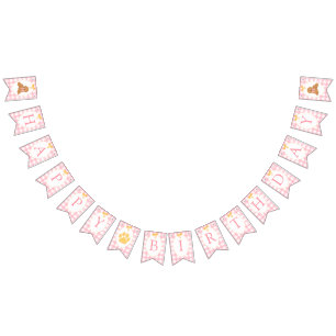 Roze Gingham Gouden Doodle Verjaardag Vlaggetjes