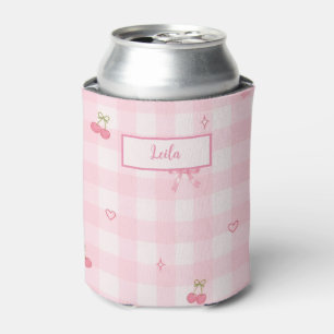 Roze Gingham Kersenboog Script Naam Design Blikjeskoeler