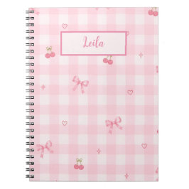Roze Gingham Kersenboog Script Naam Ontwerp Notitieboek