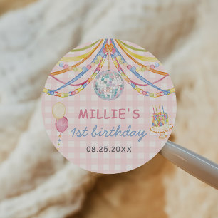 Roze Gingham Kleurrijk Meisje Verjaardagsfeestje Ronde Sticker