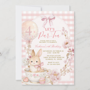 Roze Gingham Konijn Theepartij Meisje Verjaardag Kaart