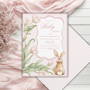 Roze Gingham Konijn Tulpen Vintage Baby Shower Kaart