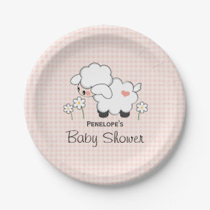 Roze Gingham Lamb Baby Meisje Douche Papieren Bordje