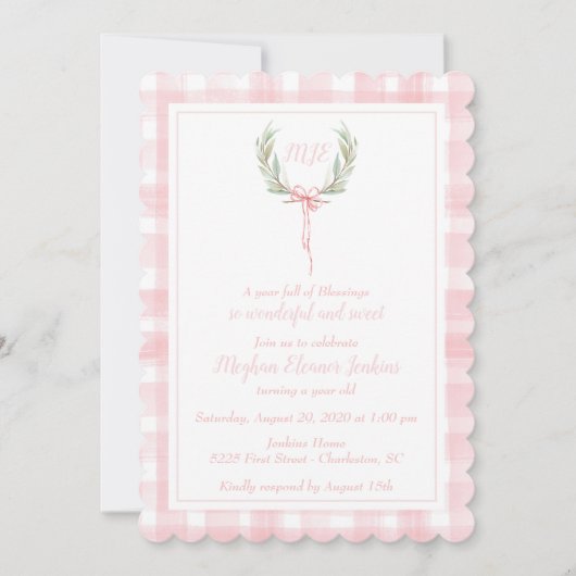 Roze Gingham Laurel Crest-monogram met geschulpte  Kaart (Voorkant)