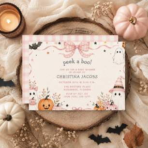 Roze Gingham Little Boo Halloween Baby Shower Kaart