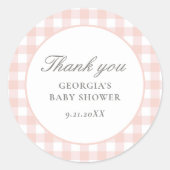 Roze Gingham Meisje Baby shower Ronde Sticker (Voorkant)
