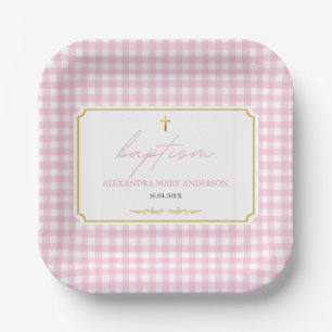 Roze Gingham Meisje Doop Modern Minimalistisch Ont Papieren Bordje