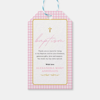 Roze Gingham Meisje Doopfeest – Bedankt voor uw ko Cadeaulabel