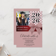 Roze Gingham Meisjesachtige Afstudeerfoto Uitnodig