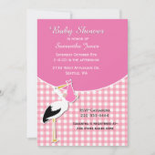 Roze Gingham met Stork Baby shower Invitation Kaart (Voorkant)