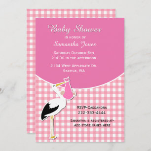 Roze Gingham met Stork Baby shower Invitation Kaart