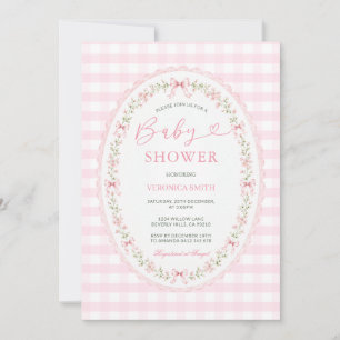Roze Gingham Ovaal Babyshower Uitnodiging