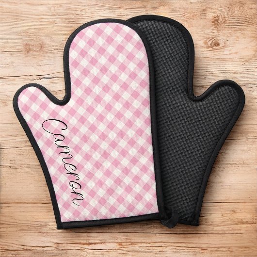 Roze Gingham Oven Mitt met Naam Gepersonaliseerd Ovenwant