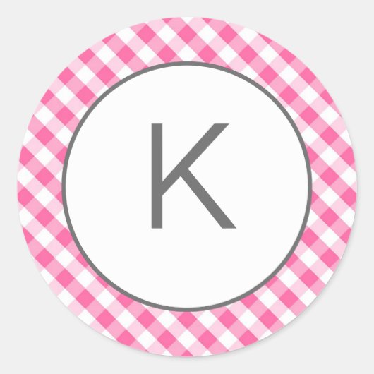 Roze Gingham Pattern Monogram Stickers (Voorkant)